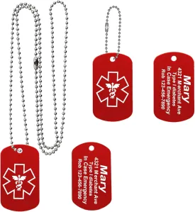 2 Pack Personalized Medical ID Dog Tags, Medical Alert Necklace and Emergency Medical Key Tag Laser Engraving Custom with Beaded Chain Anodized Aluminum Medical Alert Tags (Red)