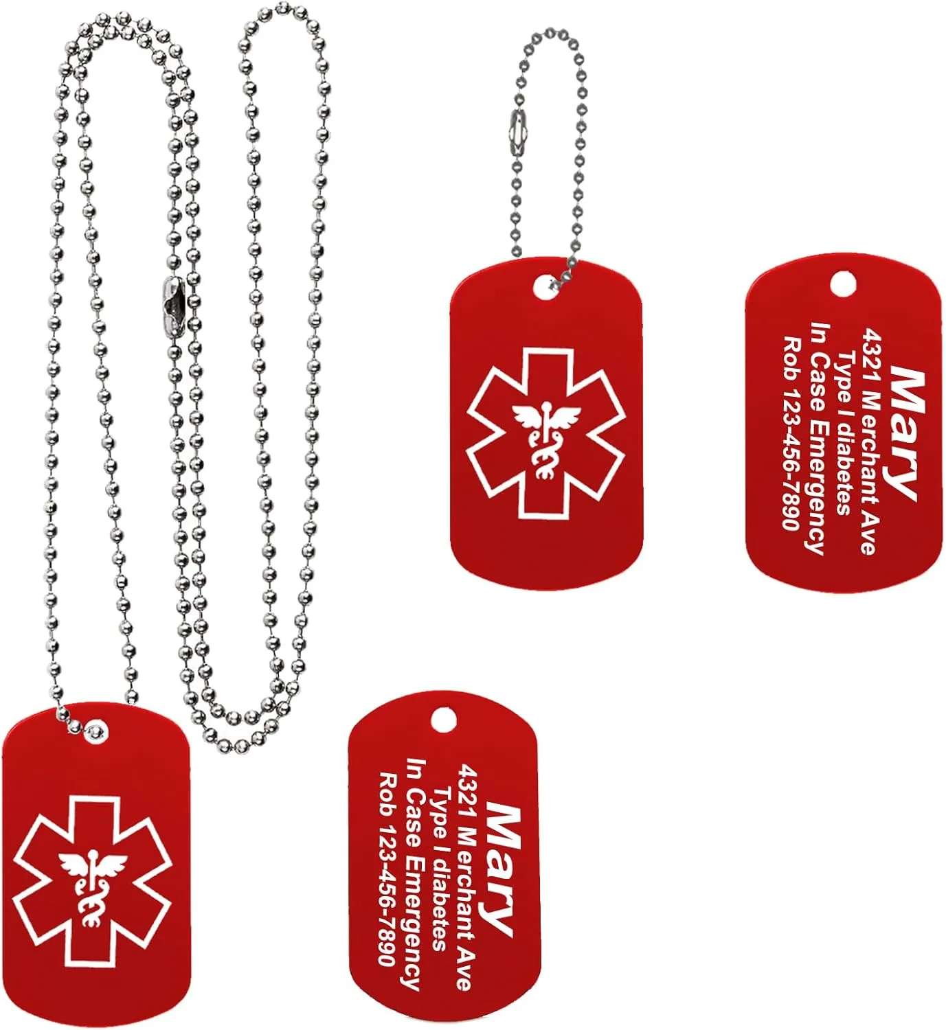2 Pack Personalized Medical ID Dog Tags, Medical Alert Necklace and Emergency Medical Key Tag Laser Engraving Custom with Beaded Chain Anodized Aluminum Medical Alert Tags (Red)