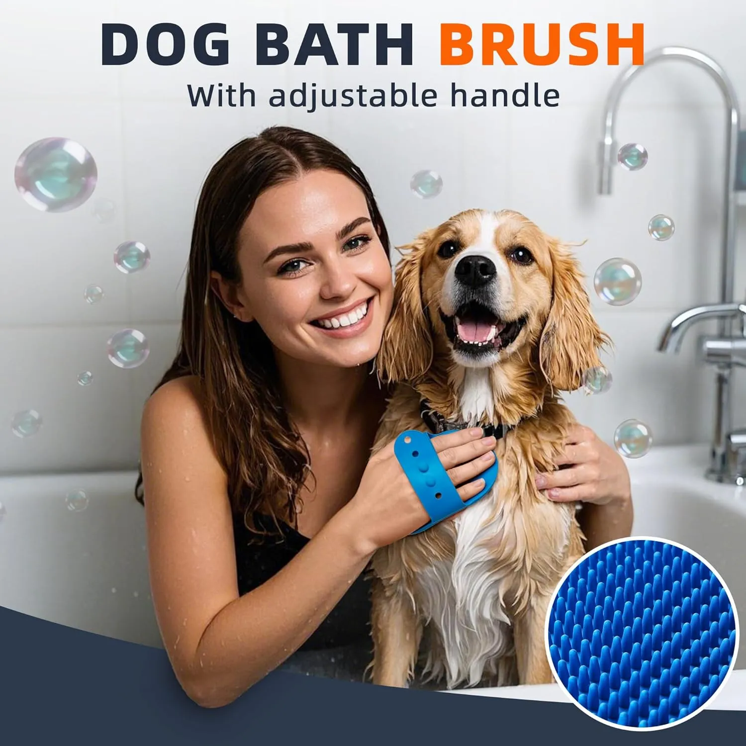 4PCS Dog Bath Brush | Scrubber for Bath | Shampoo Brush | Toothbrush | Finger Toothbrush | Dog Shower/Washing Brush with Adjustable Ring Handle - Pet Bath Supplies (Blue Yellow)