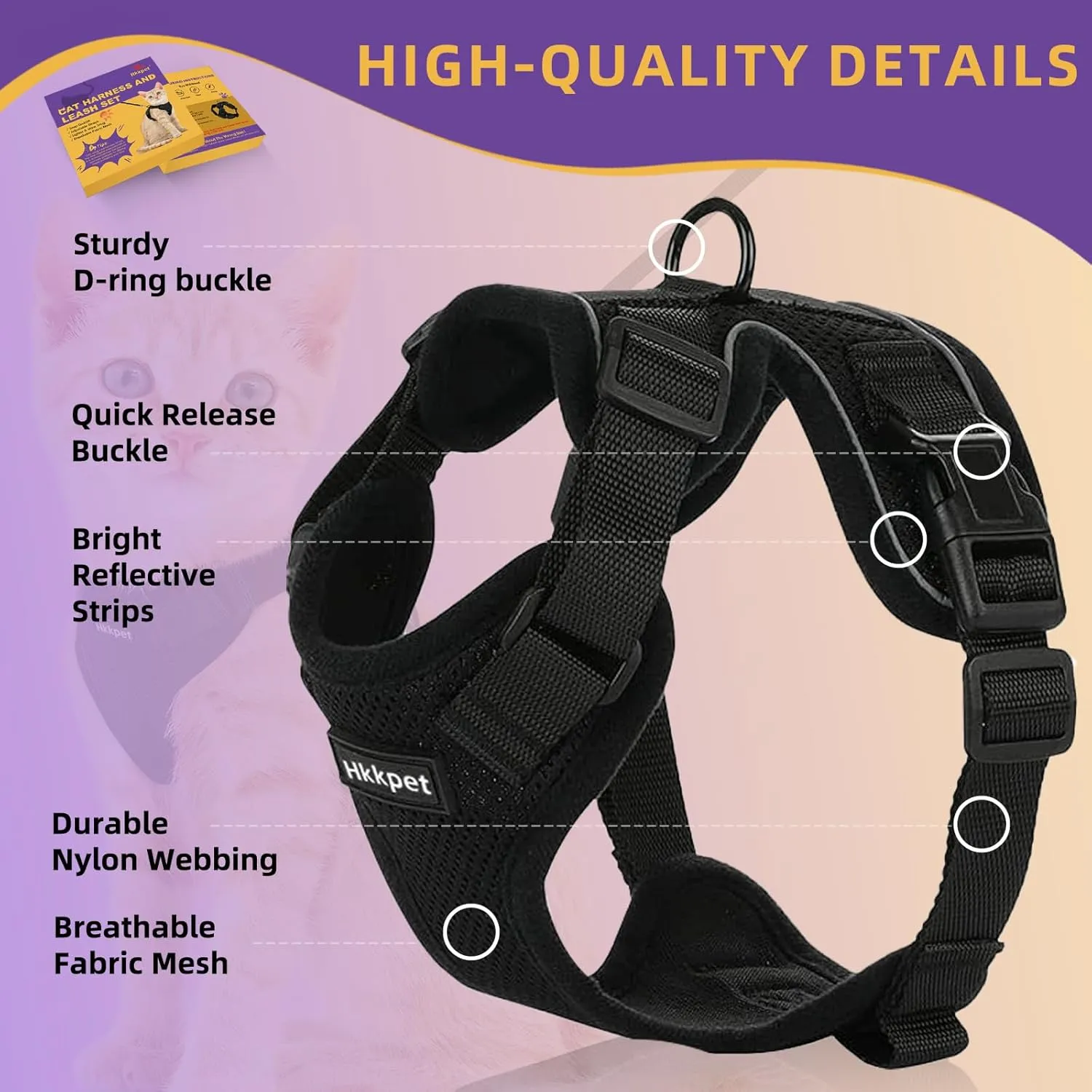 Adjustable Cat Harness and Leash Set for Outdoor Walking, Soft Breathable Mesh Cat Harness with Reflective Strips,Escape Proof Safe Cat Vest Harness, Black (S)