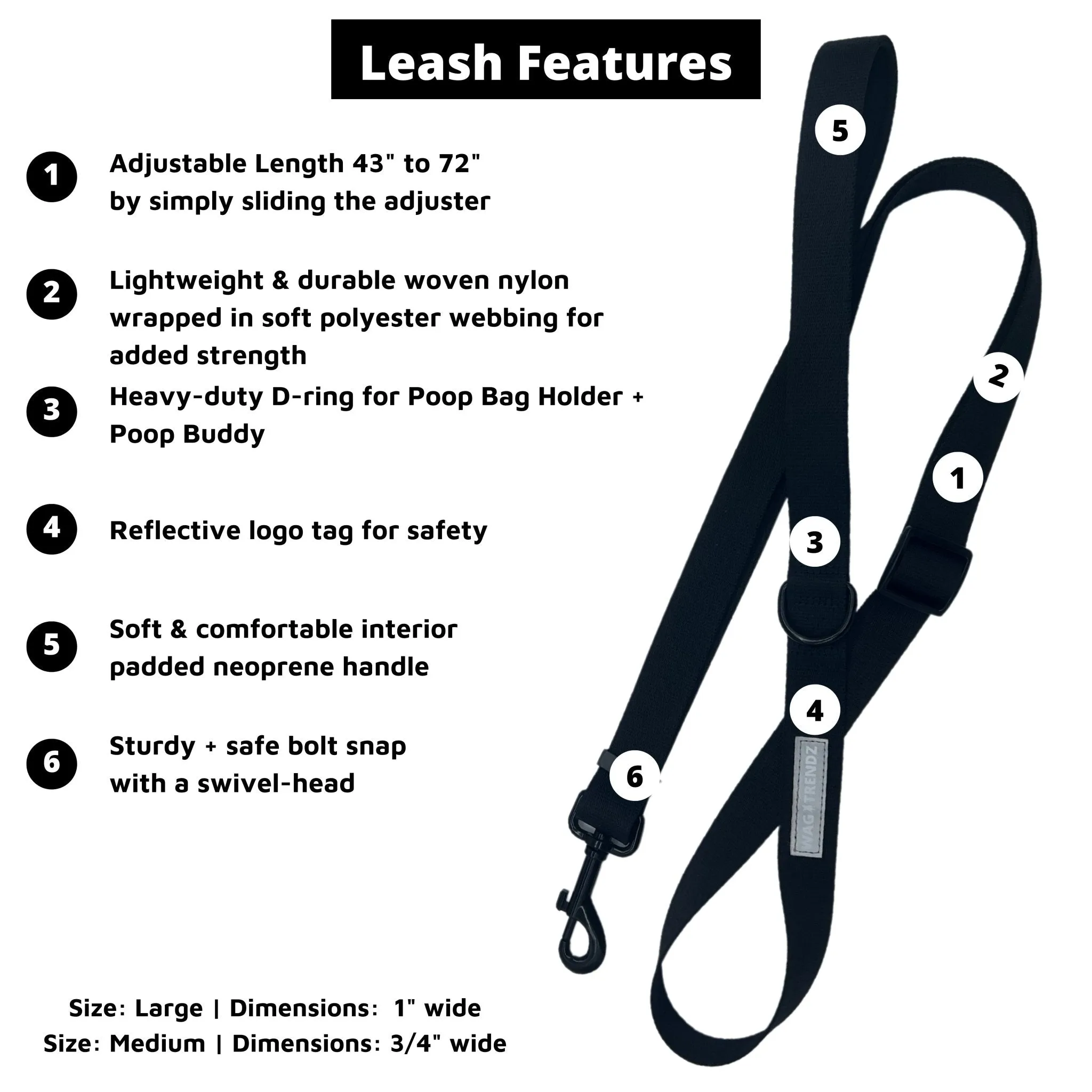 Adjustable Dog Leash | Solid Black
