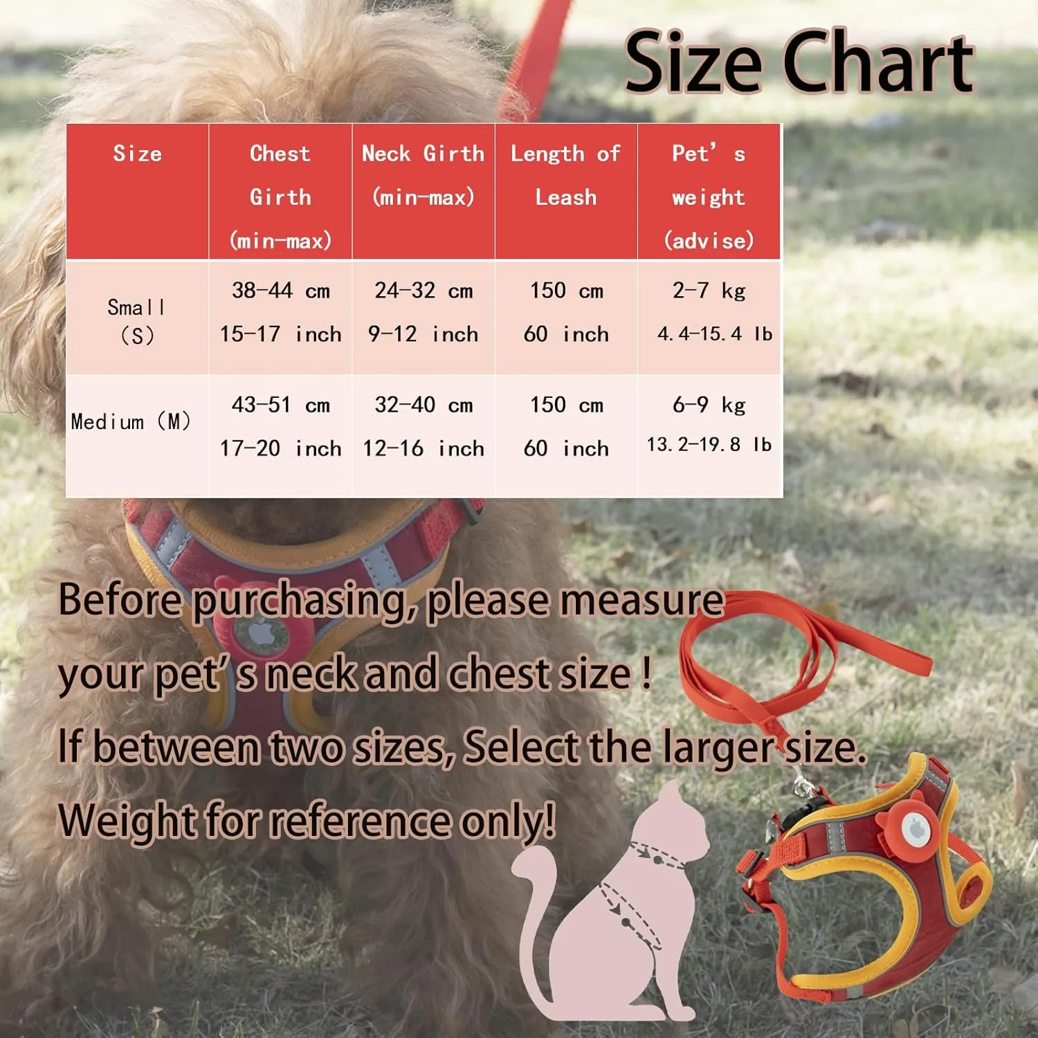 Airtag Cat Harness and Leash Set - Soft Nylon Adjustable, Escape Proof Reflective (Red, Small)