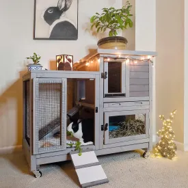 Aivituvin Rabbit Hutch Large Wooden Bunny House Guinea Pig Cages on Wheels, Two Trays, Indoor Outdoor