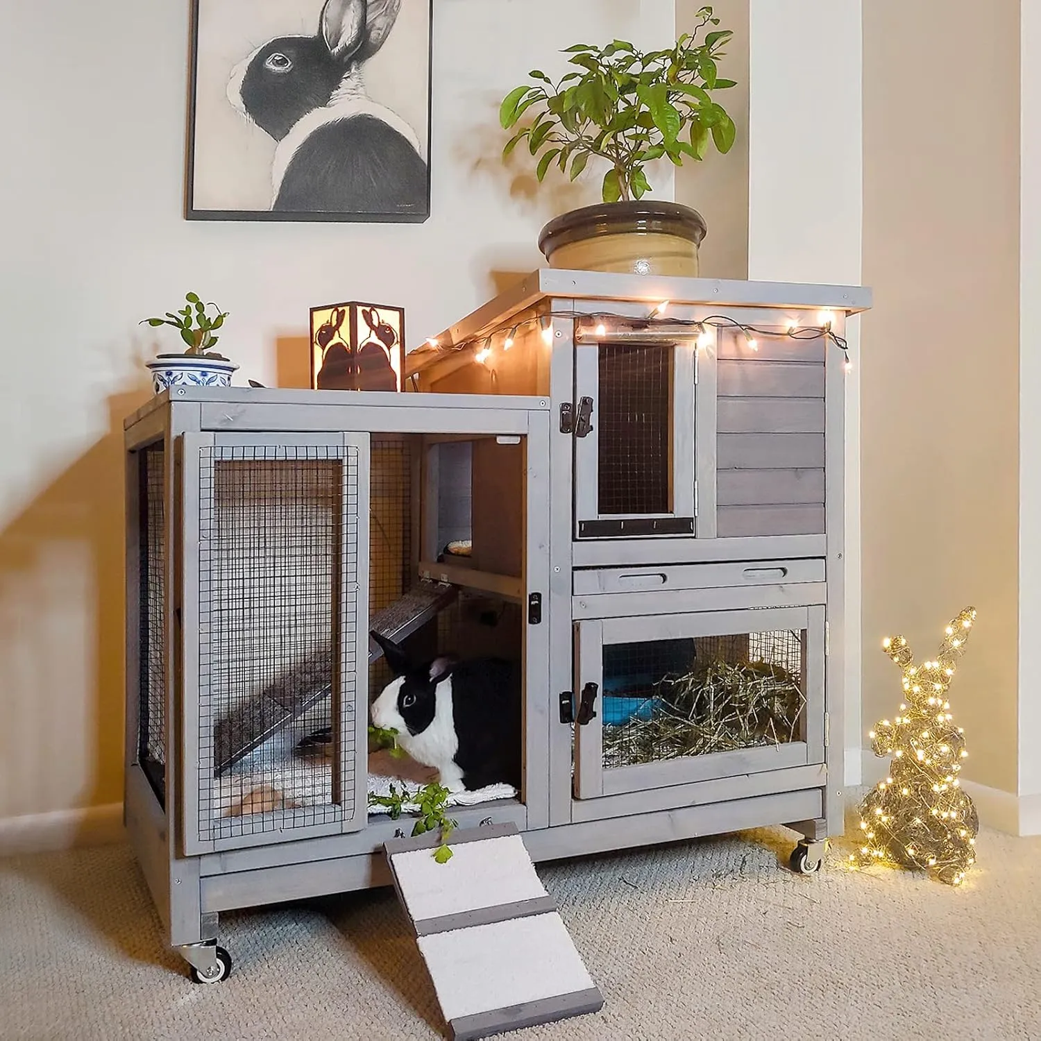 Aivituvin Rabbit Hutch Large Wooden Bunny House Guinea Pig Cages on Wheels, Two Trays, Indoor Outdoor