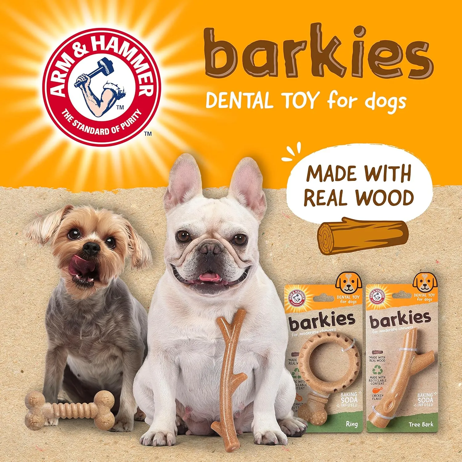 Arm & Hammer for Pets Barkies Classic Bone Compressed Wood Collection, 5 Inch Peanut Butter Flavored Wood Blend Chew Toy| Faux Stick, Splinter-Free, Safer & Durable Alternative to Chewing Sticks