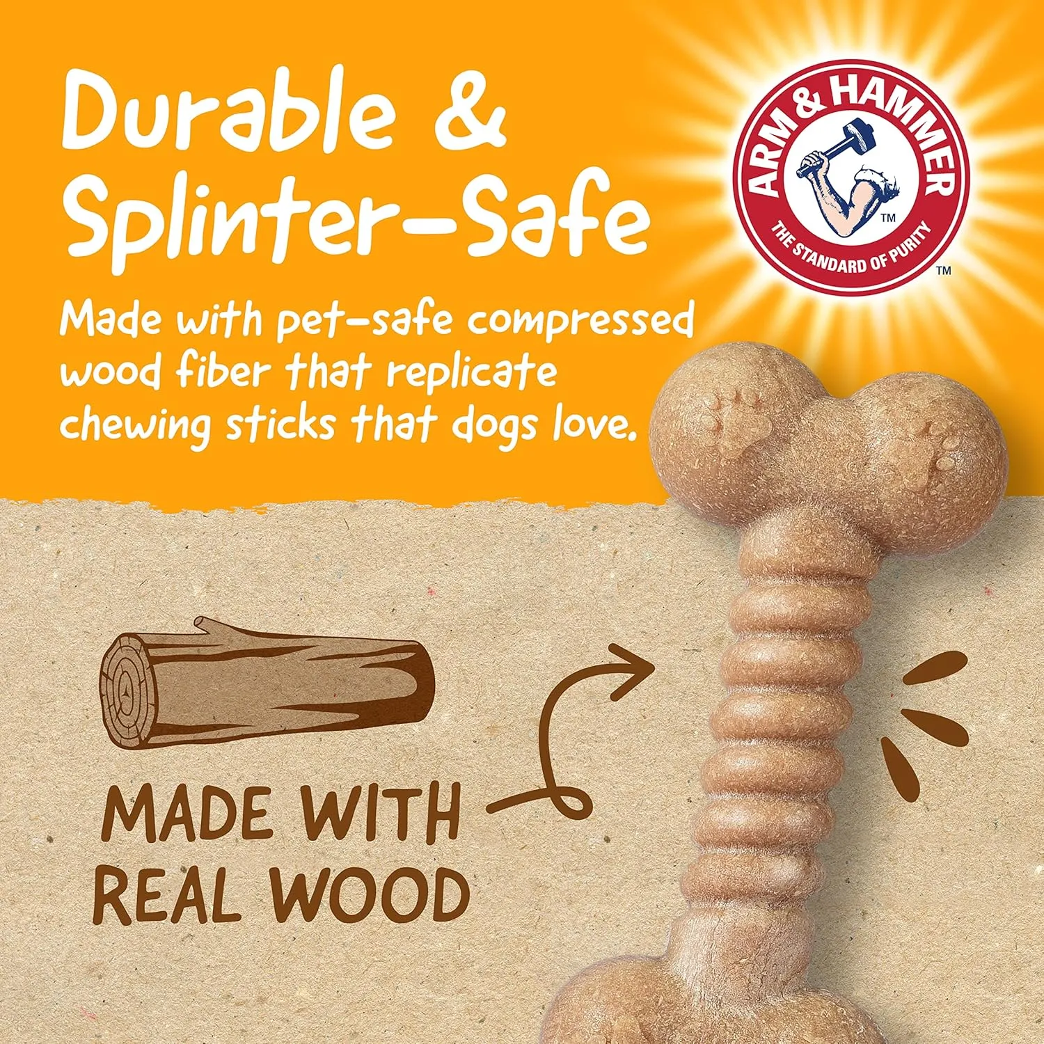 Arm & Hammer for Pets Barkies Classic Bone Compressed Wood Collection, 5 Inch Peanut Butter Flavored Wood Blend Chew Toy| Faux Stick, Splinter-Free, Safer & Durable Alternative to Chewing Sticks