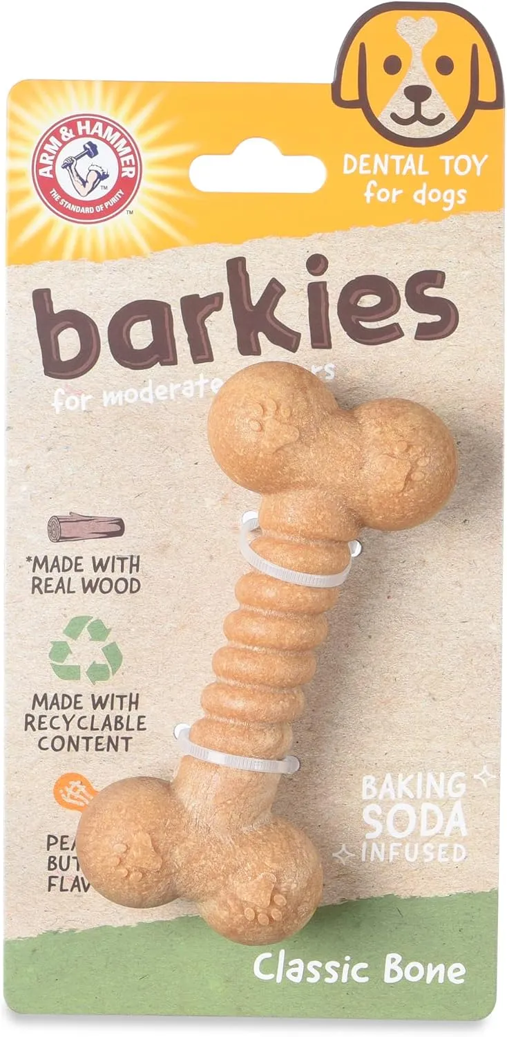 Arm & Hammer for Pets Barkies Classic Bone Compressed Wood Collection, 5 Inch Peanut Butter Flavored Wood Blend Chew Toy| Faux Stick, Splinter-Free, Safer & Durable Alternative to Chewing Sticks