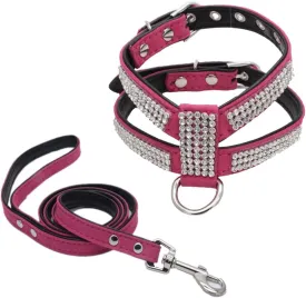 Avenpets Rhinestone Dog Harness with Leash Dazzling Crystal Diamond Studded Harness Set Soft Suede Leather Leash Combo Set for Pet Puppy Dog, Rose Red, L