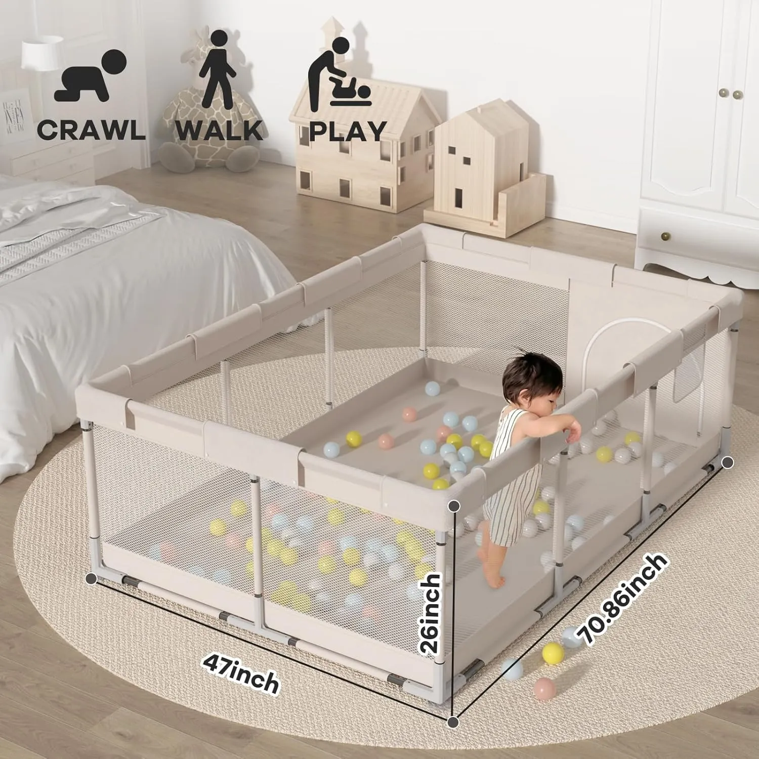 Baby Playpen, 71x47 inch Playpen for Babies and Toddlers, Play Pen for Kids, Apartment (Without mat)