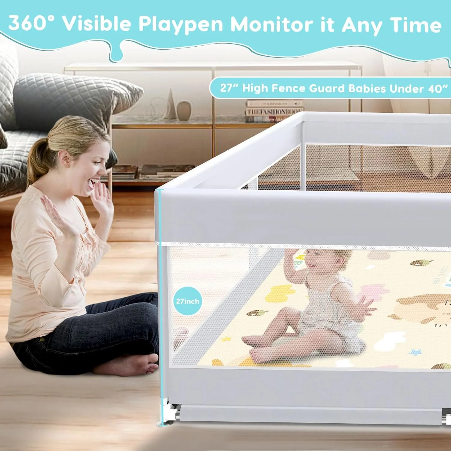 Baby Playpen with Mat, Baby Playard for Toddlers, Sturdy Safety Play Yard with Soft Breathable Mesh, Anti-Fall, 50 * 50 * 27 inches Grey