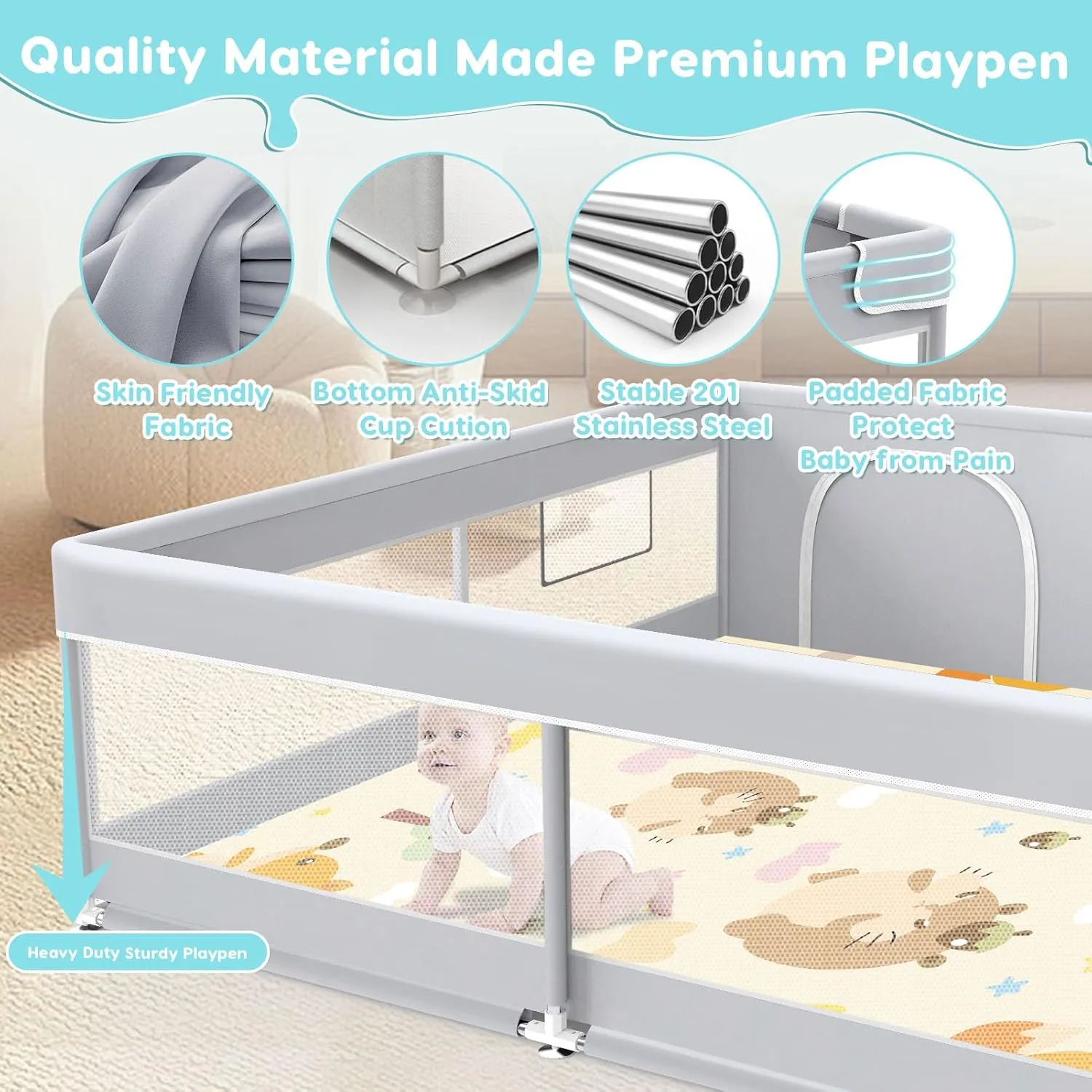 Baby Playpen with Mat, Baby Playard for Toddlers, Sturdy Safety Play Yard with Soft Breathable Mesh, Anti-Fall, 50 * 50 * 27 inches Grey