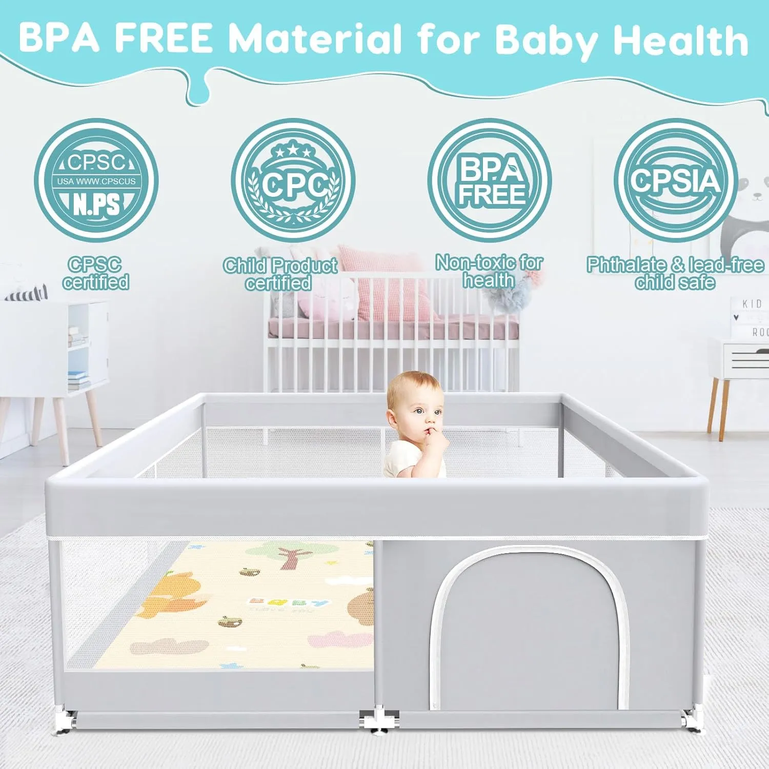 Baby Playpen with Mat, Baby Playard for Toddlers, Sturdy Safety Play Yard with Soft Breathable Mesh, Anti-Fall, 50 * 50 * 27 inches Grey