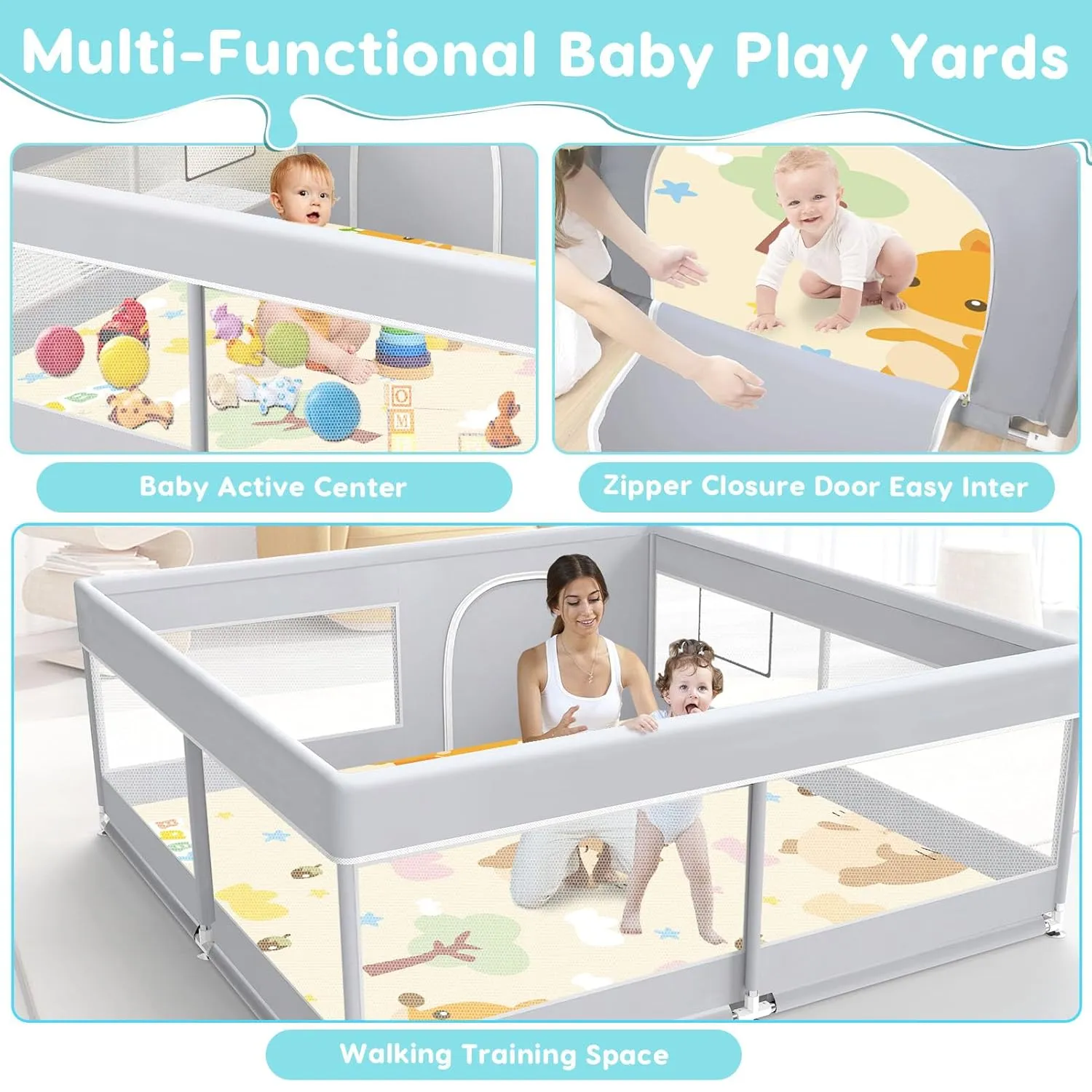 Baby Playpen with Mat, Baby Playard for Toddlers, Sturdy Safety Play Yard with Soft Breathable Mesh, Anti-Fall, 50 * 50 * 27 inches Grey