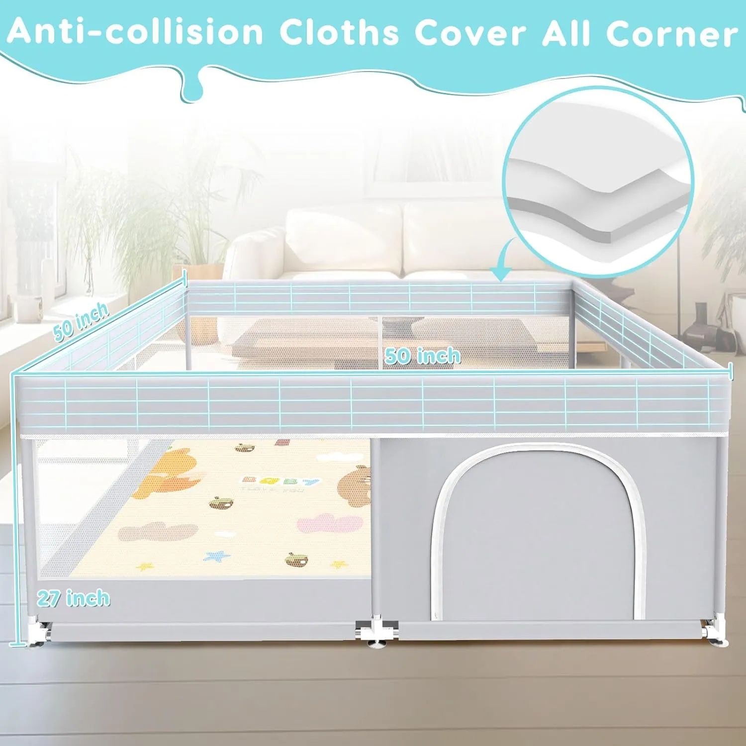 Baby Playpen with Mat, Baby Playard for Toddlers, Sturdy Safety Play Yard with Soft Breathable Mesh, Anti-Fall, 50 * 50 * 27 inches Grey