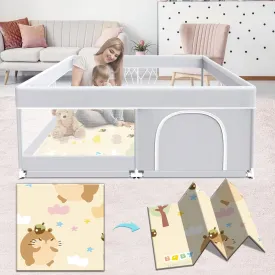 Baby Playpen with Mat, Baby Playard for Toddlers, Sturdy Safety Play Yard with Soft Breathable Mesh, Anti-Fall, 50 * 50 * 27 inches Grey