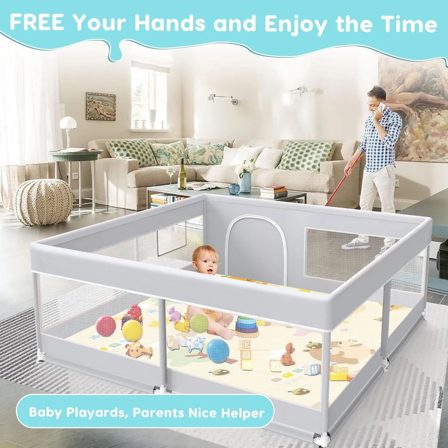 Baby Playpen with Mat, Baby Playard for Toddlers, Sturdy Safety Play Yard with Soft Breathable Mesh, Anti-Fall, 50 * 50 * 27 inches Grey