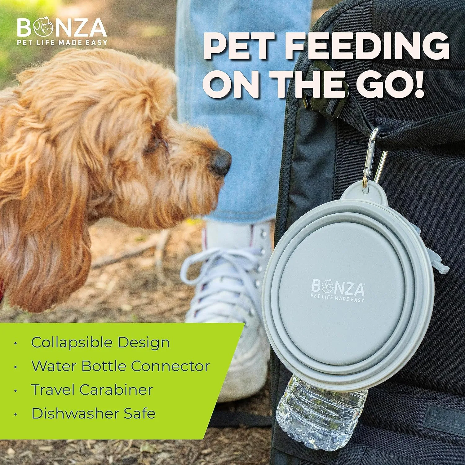 Bonza Large Collapsible Dog Bowl, BPA Free & Foldable, 1000 ml Travel Dog Water Bowl with Carabiner & Bottle Holder Keychain, Sturdy Reinforced Rim