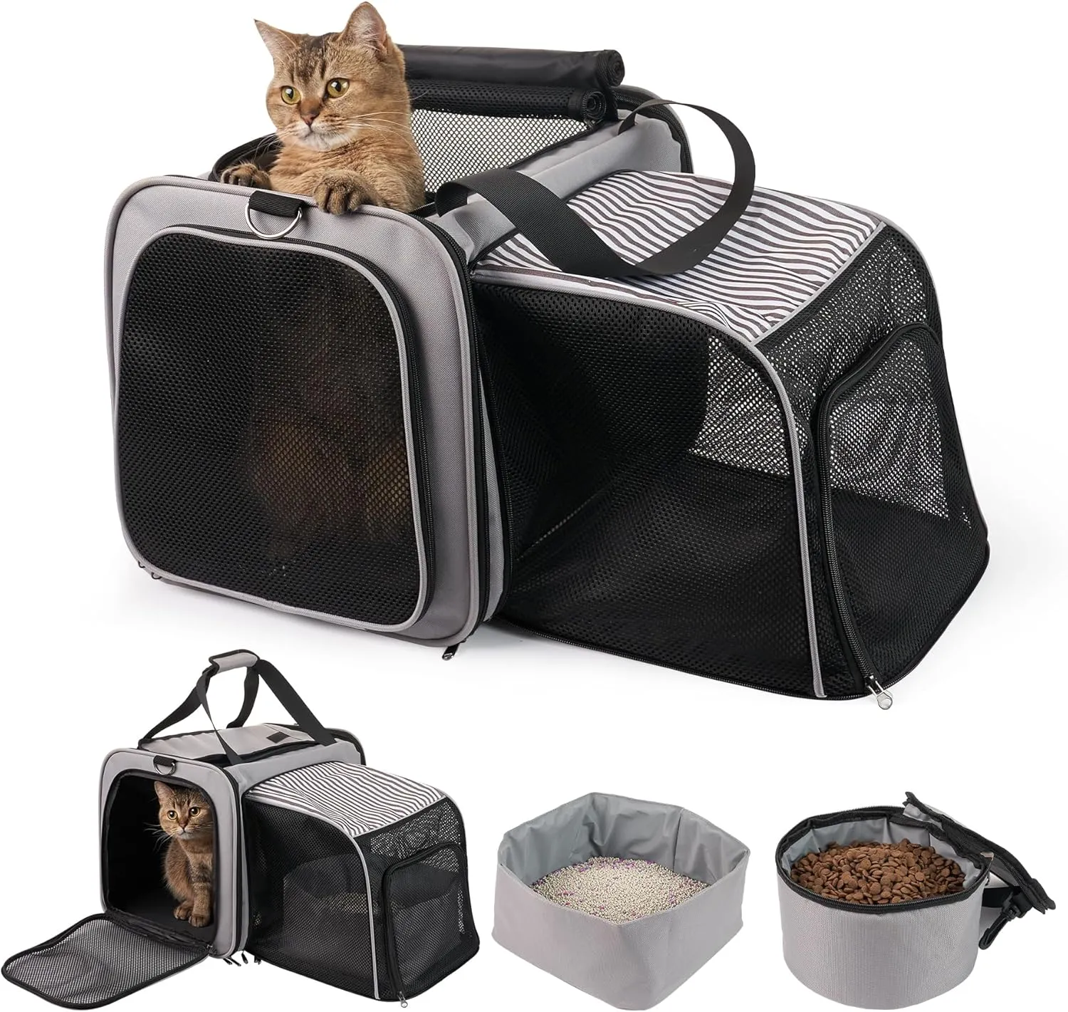 Cat Carrier with Litter Box, Soft Cat Travel Carrier with Food Carrier, Expandable Portable Cat Carrier for Car Travel, up to 20 lb to Road Trip, Camping, Hiking, Grey