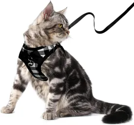 Cat Leash and Harness Set (Black-White, L)