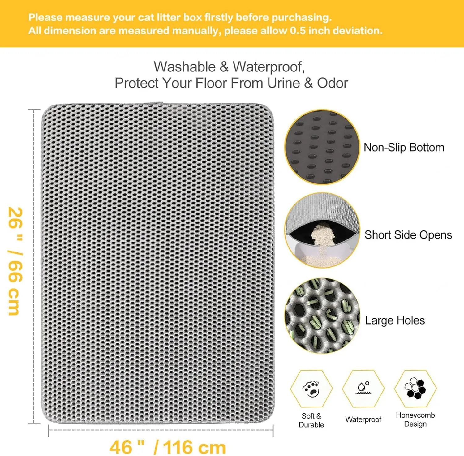 Cat Litter Box Mat, 24X35In/26X46In Honeycomb Double Layer Cat Litter Trap Mats Litter Box Mats, Less Waste,Soft On Paws,Non-Slip,26X46In-Black