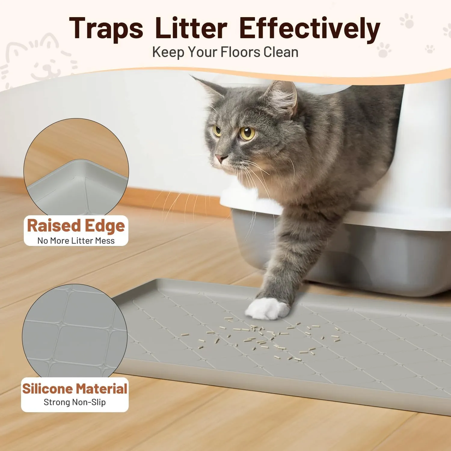 Cat Litter Mat for Litter Boxes - Extra Large Anti Tracking Silicone Pad, Waterproof, Non Slip & Easy Clean, Traps Litter for Multiple Cats, 34x22 Inch (Gray)