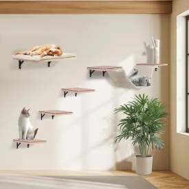 Cat Wall Shelves, Solid Wood Cat Wall Furniture Set, with Cat Bed, Hammock, Climbing Shelves, Sisal Cat Scratching Post & Ball (Beige)