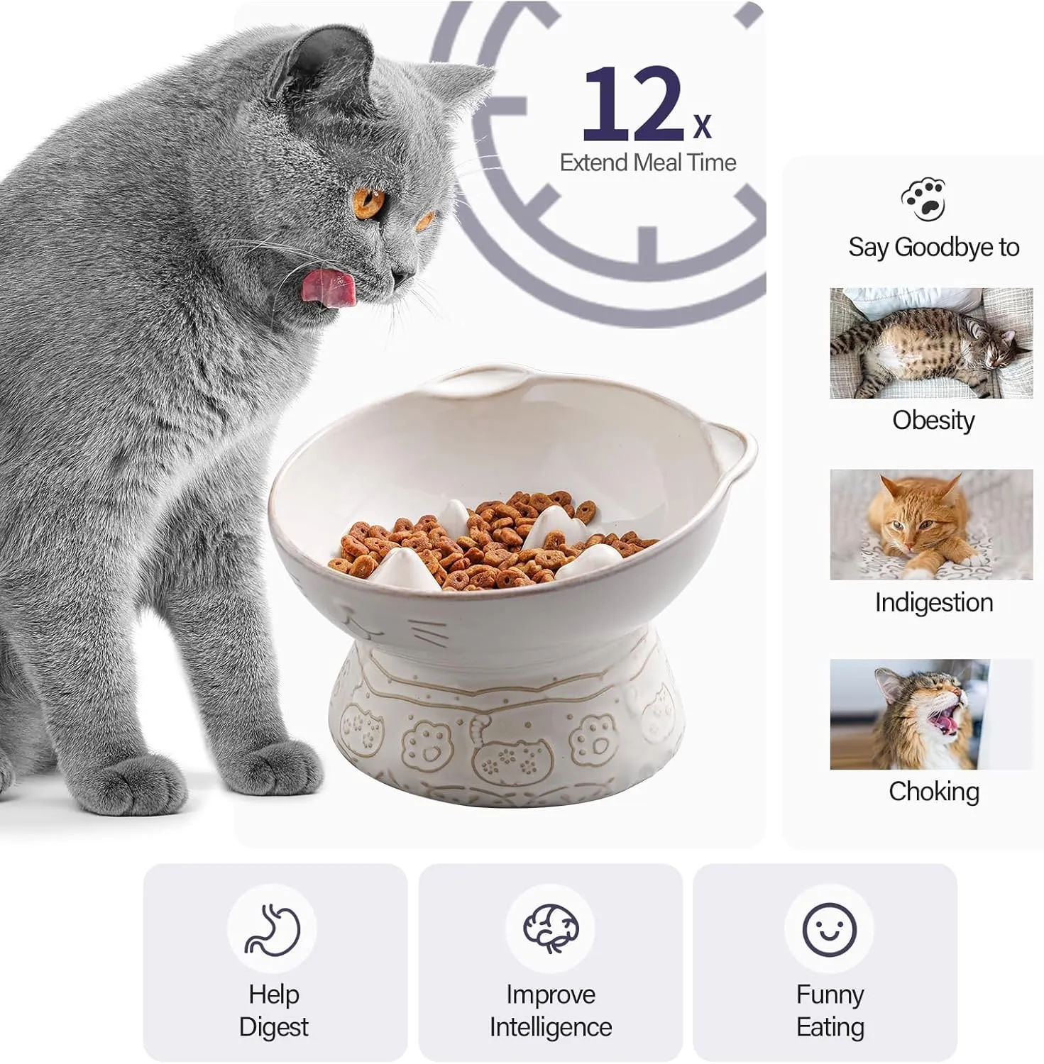 Ceramic Cat Slow Feeder, Elevated Cat Food Bowl Tilted Design, Dog Slow Feeder Bowl no Black Chin, Cat Shape Slow Feeder for Dry and Wet Food (White)