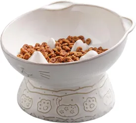 Ceramic Cat Slow Feeder, Elevated Cat Food Bowl Tilted Design, Dog Slow Feeder Bowl no Black Chin, Cat Shape Slow Feeder for Dry and Wet Food (White)