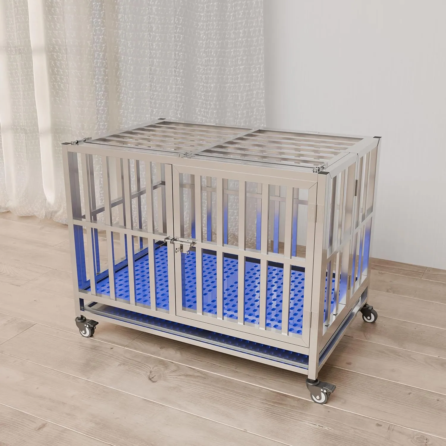 Collapsible Stainless Steel Dog Crate, 30" 37" 42" 48" Sizes, Lockable Wheel, with Tray, Stackable, Heavy Duty, Divider, Indoor and Outdoor 30in Size is Suitable for Small Pets only