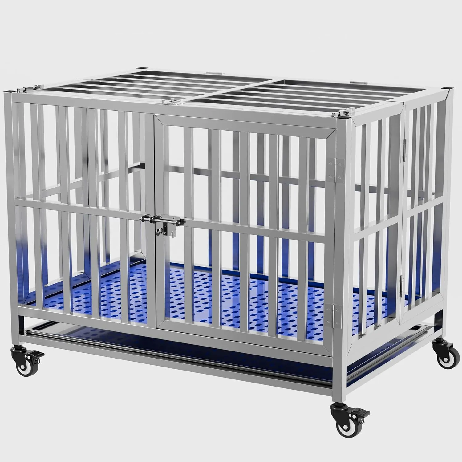 Collapsible Stainless Steel Dog Crate, 30" 37" 42" 48" Sizes, Lockable Wheel, with Tray, Stackable, Heavy Duty, Divider, Indoor and Outdoor 30in Size is Suitable for Small Pets only