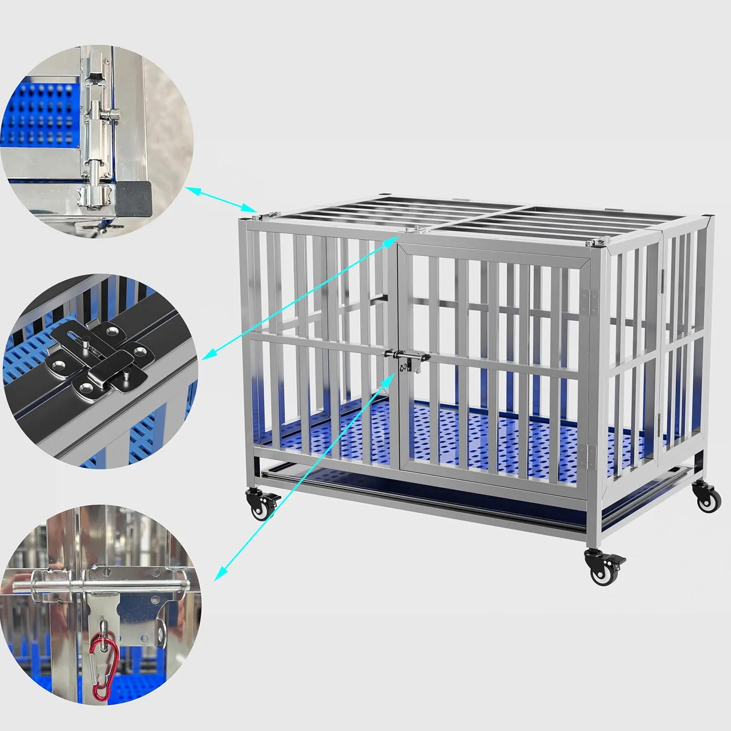 Collapsible Stainless Steel Dog Crate, 30" 37" 42" 48" Sizes, Lockable Wheel, with Tray, Stackable, Heavy Duty, Divider, Indoor and Outdoor 30in Size is Suitable for Small Pets only
