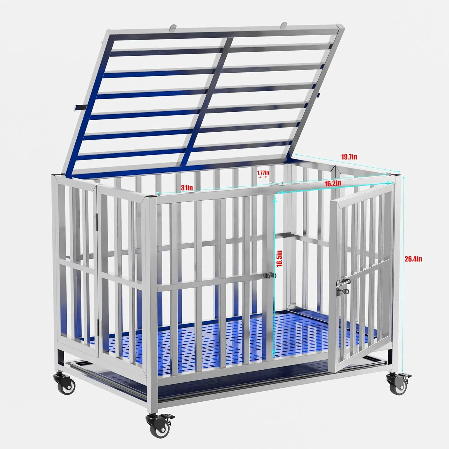 Collapsible Stainless Steel Dog Crate, 30" 37" 42" 48" Sizes, Lockable Wheel, with Tray, Stackable, Heavy Duty, Divider, Indoor and Outdoor 30in Size is Suitable for Small Pets only