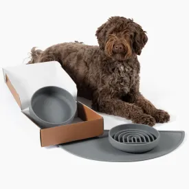 Complete Pet Feeding Set: Slow Feeder & Water Bowl with Spill-Proof Silicone Mat - Ideal for Small to Medium Dogs, Non-Slip, Easy Clean, Raised Edges, Durable Silicone - Charcoal
