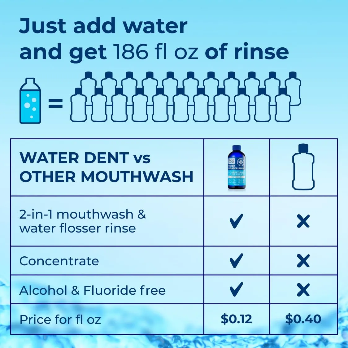 Concentrated Irrigant | Mouthwash for Water flosser | Add to Oral irrigator | Mint Flavor | When dilluted 186 fl.oz | Alcohol and Fluoride Free. Made in USA | Pack of 1 = 16.9 fl.oz WATER DENT