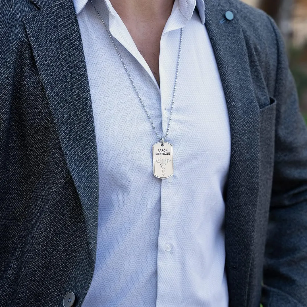 Divoti Deep Custom Laser Engraved Stainless Steel Medical Alert Necklace for Men, PVD Gold/Stainless Classic Tag Medical ID Necklace, Medical Dog Tag w/Free Engraving-One of Various Chains (24/28 in)