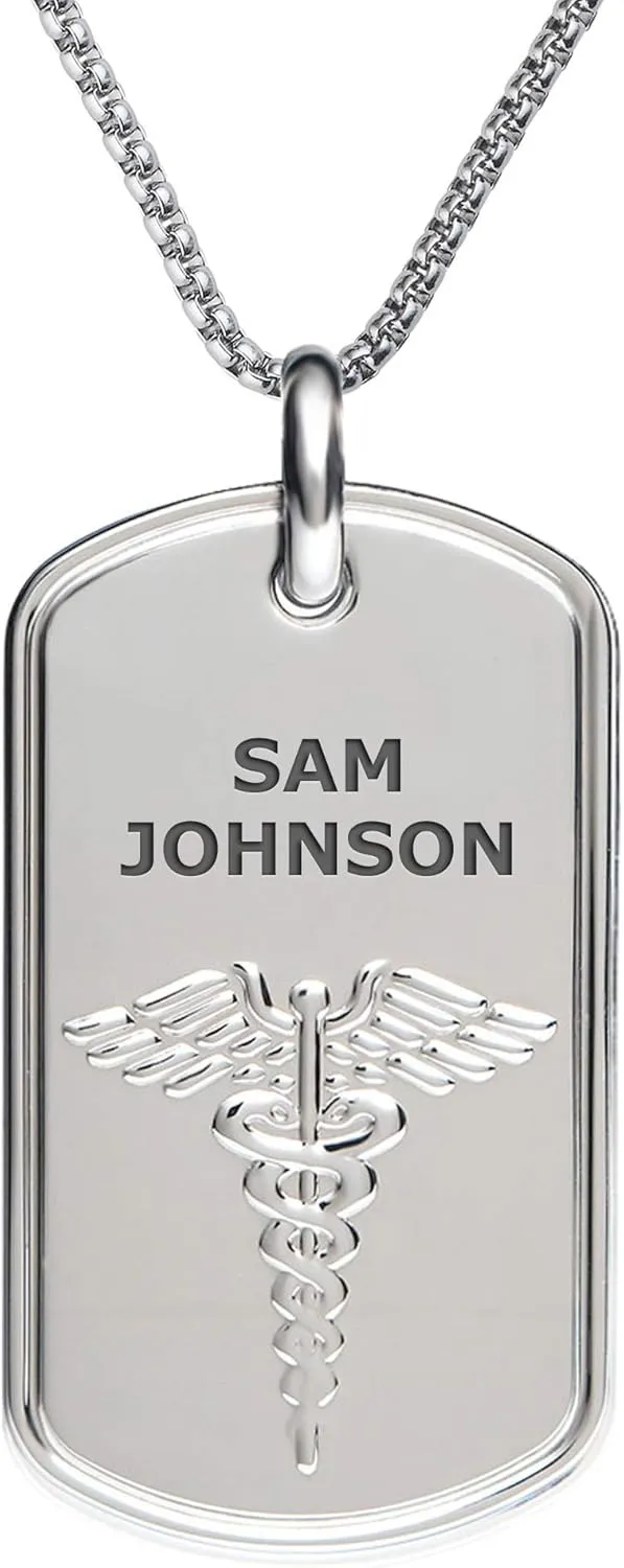 Divoti Deep Custom Laser Engraved Stainless Steel Medical Alert Necklace for Men, PVD Gold/Stainless Classic Tag Medical ID Necklace, Medical Dog Tag w/Free Engraving-One of Various Chains (24/28 in)