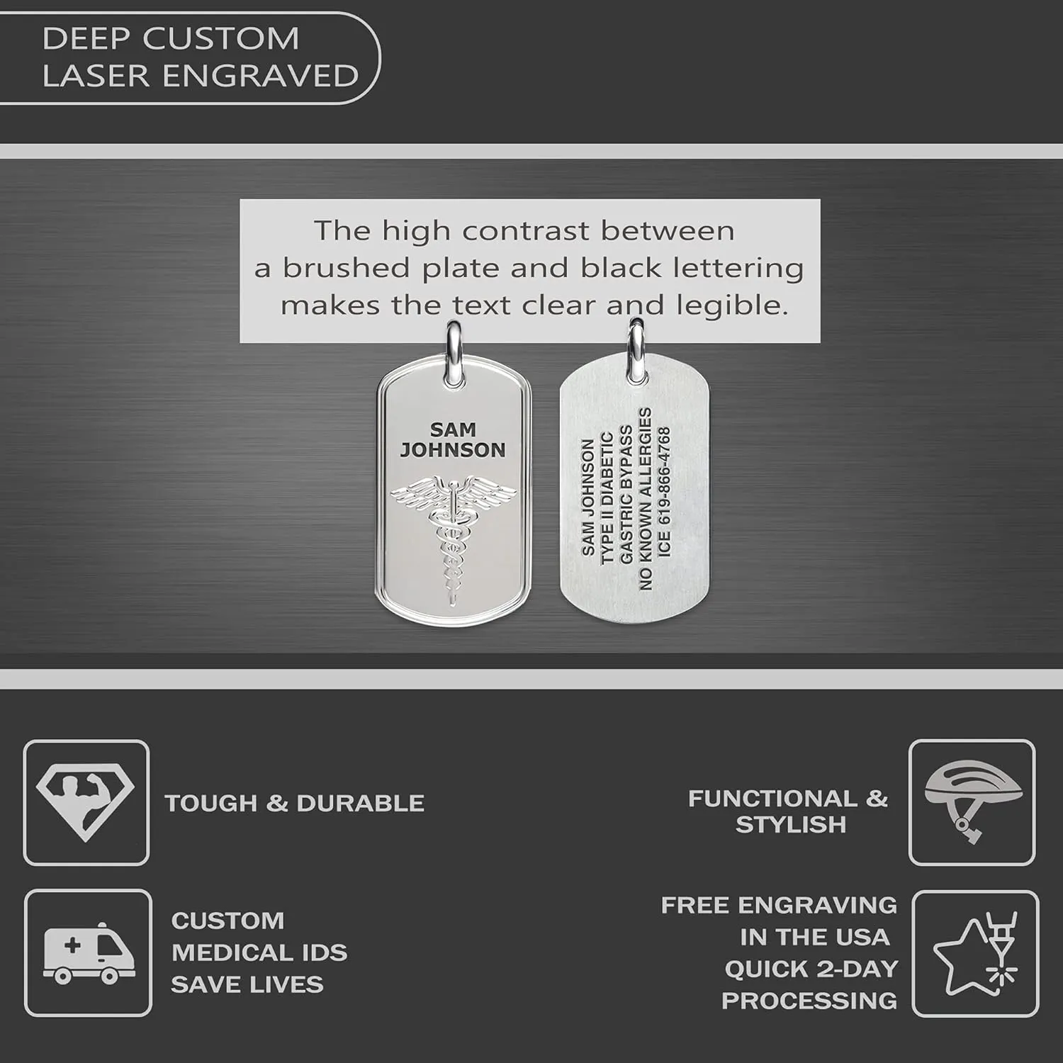 Divoti Deep Custom Laser Engraved Stainless Steel Medical Alert Necklace for Men, PVD Gold/Stainless Classic Tag Medical ID Necklace, Medical Dog Tag w/Free Engraving-One of Various Chains (24/28 in)