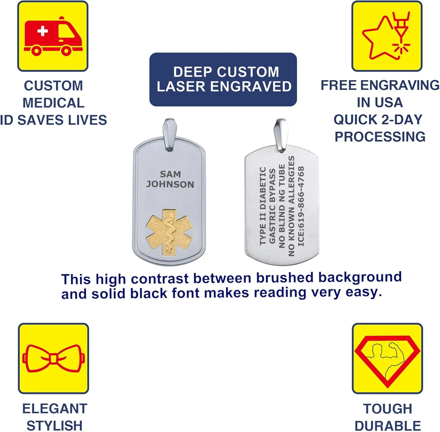 Divoti Pure Titanium Medical Alert Necklace for Men, Custom Engraved Deluxe Dog Tag Medical ID Necklace-Style