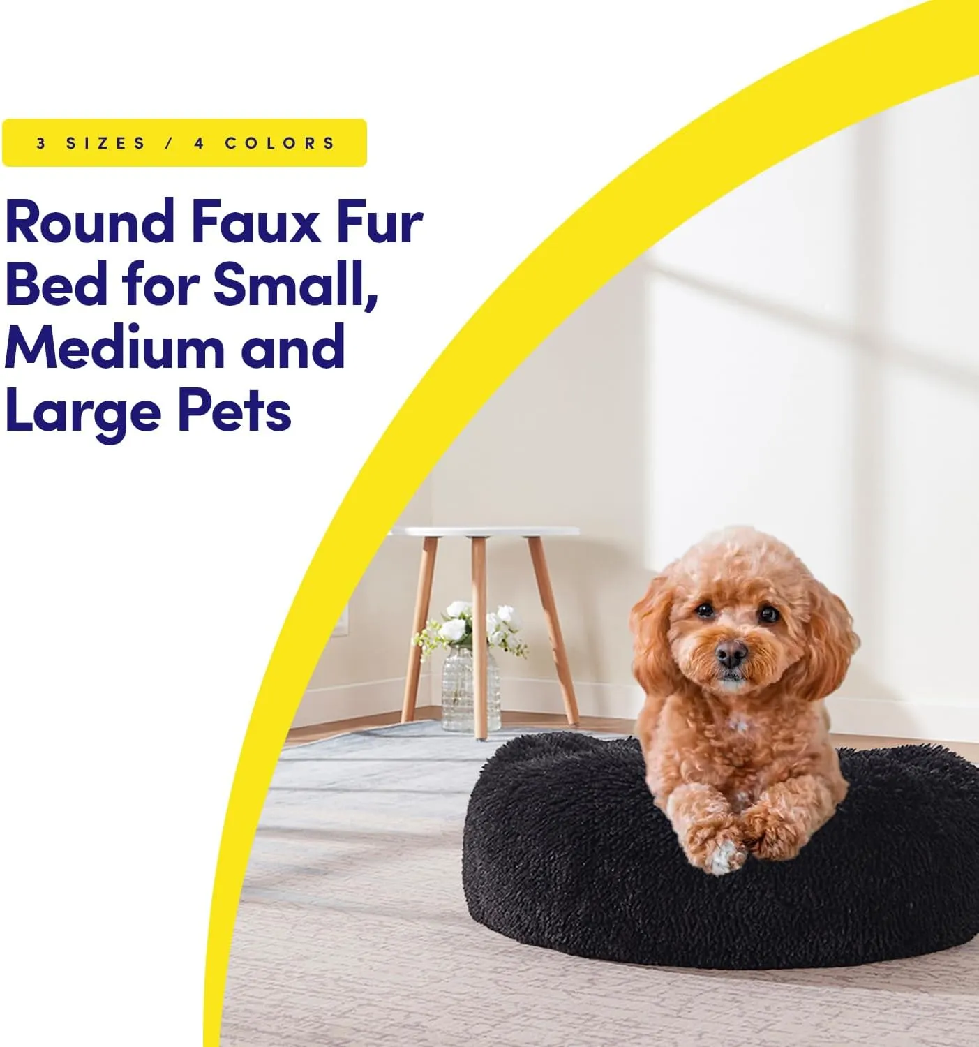 Dog & Cat Bed: Round Faux Fur Pet Bed - Plush, Cozy, & Calming Donut Bed for Medium Pets - Soft & Comfortable Sleeping Cushion for Napping & Lounging, 23" Round, Black