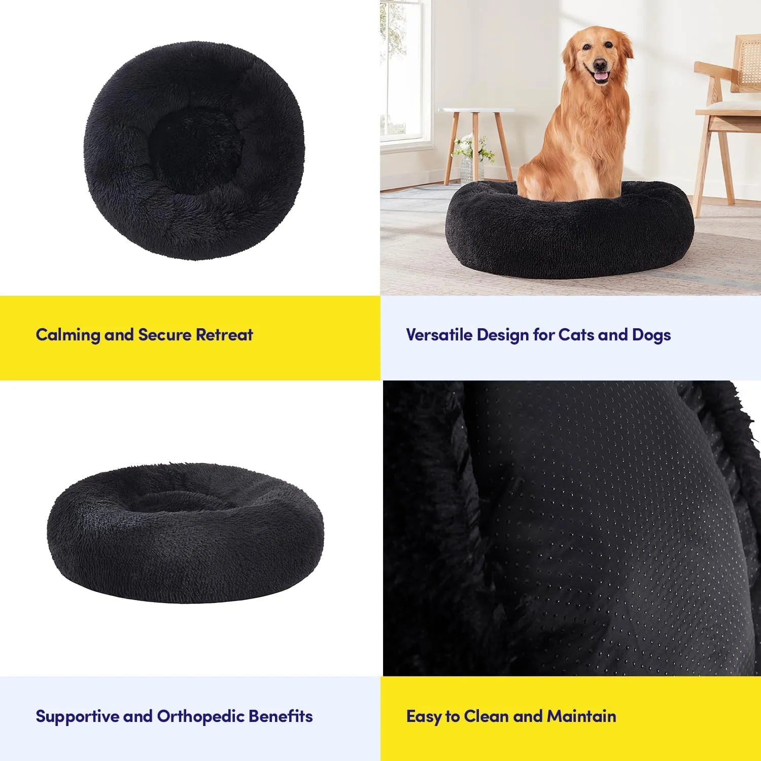 Dog & Cat Bed: Round Faux Fur Pet Bed - Plush, Cozy, & Calming Donut Bed for Medium Pets - Soft & Comfortable Sleeping Cushion for Napping & Lounging, 23" Round, Black