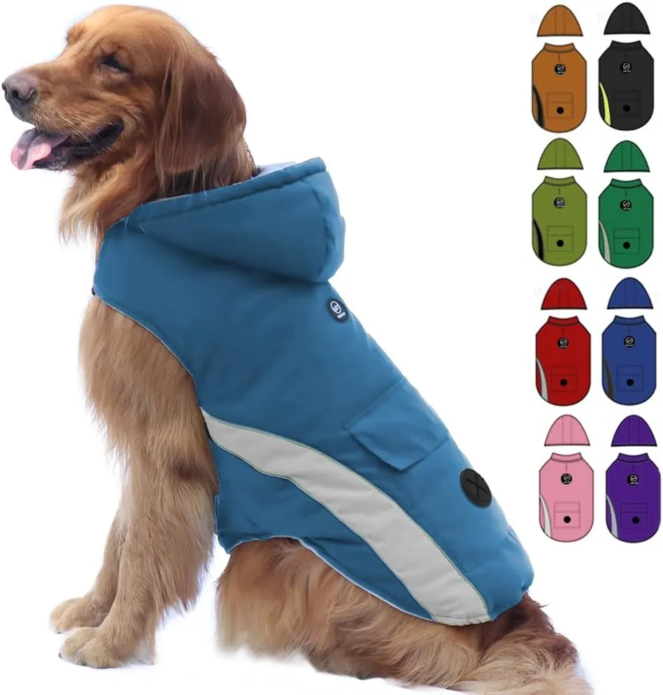EMUST Dog Cold Weather Coat, Hooded Winter Jacket for Dogs, Medium Dog Coats for Winter with Pocket, Dog Jackets for Puppy Medium Dogs, M/LightBlue
