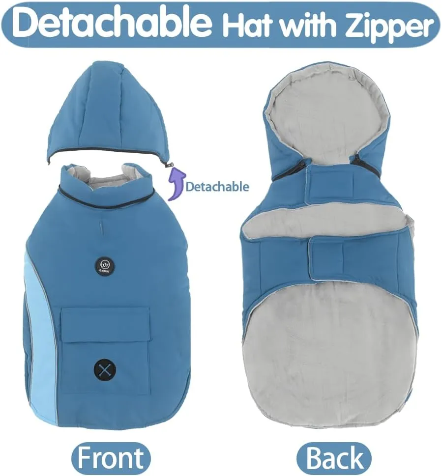 EMUST Dog Cold Weather Coat, Hooded Winter Jacket for Dogs, Medium Dog Coats for Winter with Pocket, Dog Jackets for Puppy Medium Dogs, M/LightBlue