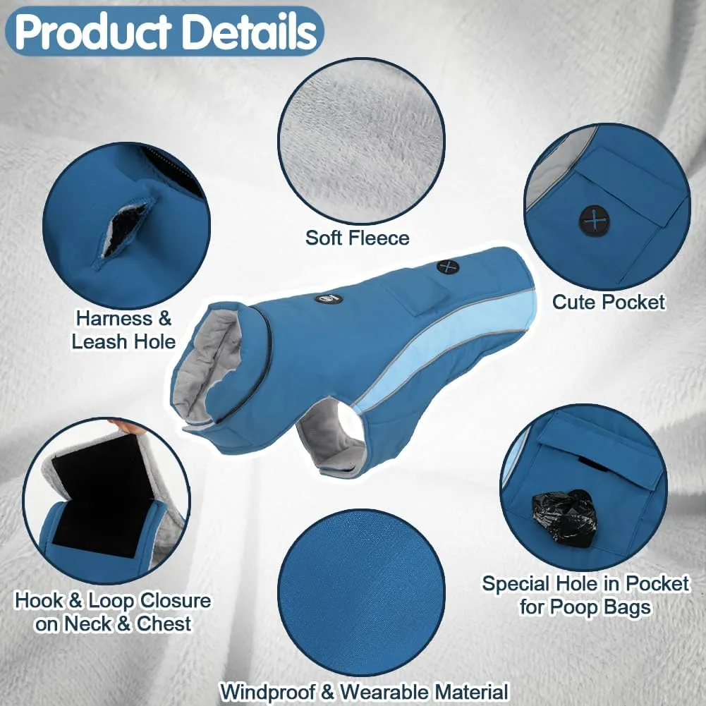 EMUST Dog Cold Weather Coat, Hooded Winter Jacket for Dogs, Medium Dog Coats for Winter with Pocket, Dog Jackets for Puppy Medium Dogs, M/LightBlue