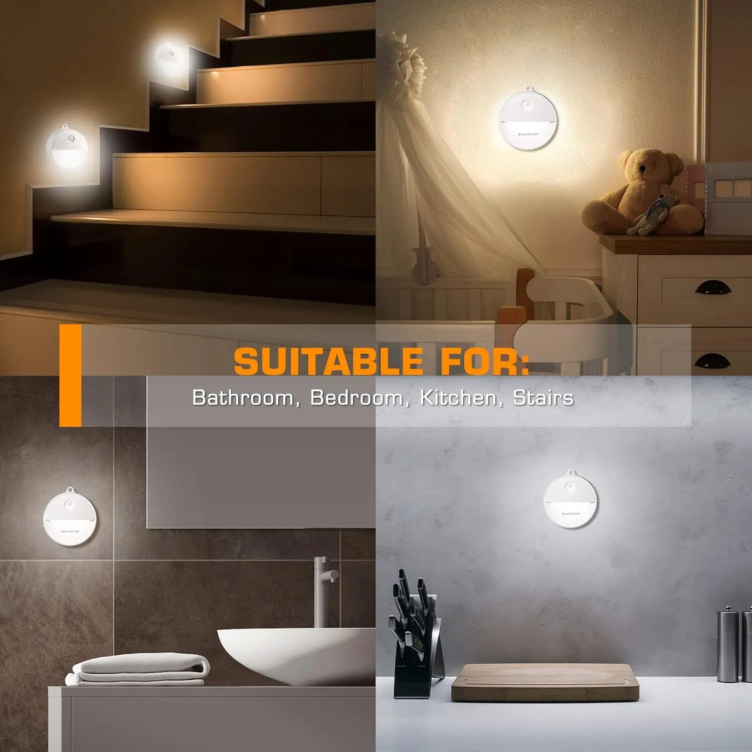 EverBrite LED Motion Sensor Night Light, Automated On & Off, Cool White Motion Activated LED Night Light for Kitchen, Bathroom, Stairs, Bedroom - with 18 AAA Batteries, 6-Pack