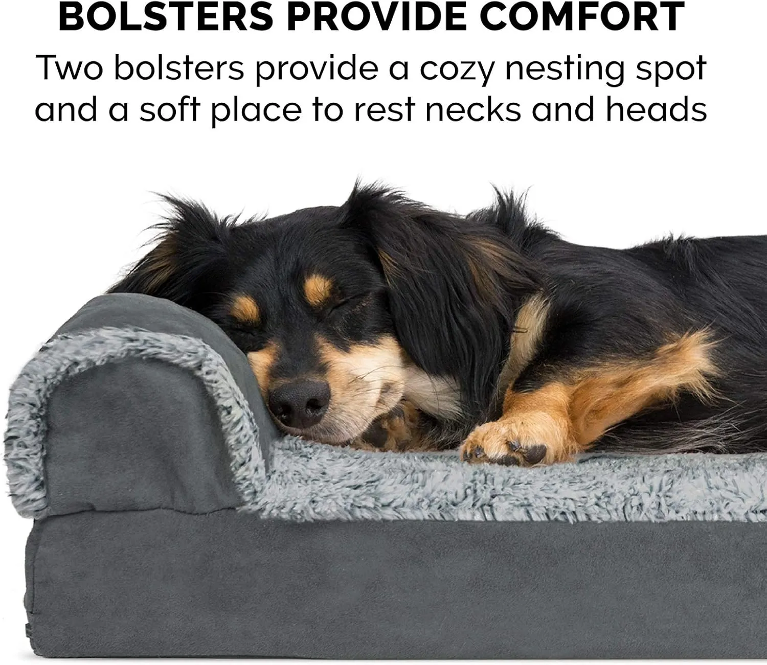 Furhaven Memory Foam Dog Bed for Large Dogs w/ Removable Bolsters & Washable Cover, For Dogs Up to 95 lbs - Two-Tone Plush Faux Fur & Suede L Shaped Chaise - Stone Gray, Jumbo/XL