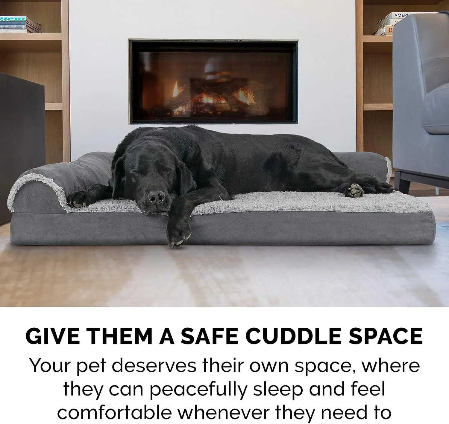 Furhaven Memory Foam Dog Bed for Large Dogs w/ Removable Bolsters & Washable Cover, For Dogs Up to 95 lbs - Two-Tone Plush Faux Fur & Suede L Shaped Chaise - Stone Gray, Jumbo/XL