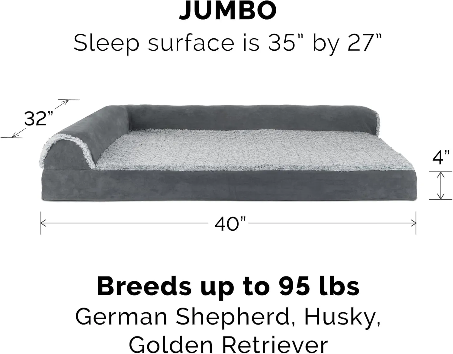 Furhaven Memory Foam Dog Bed for Large Dogs w/ Removable Bolsters & Washable Cover, For Dogs Up to 95 lbs - Two-Tone Plush Faux Fur & Suede L Shaped Chaise - Stone Gray, Jumbo/XL