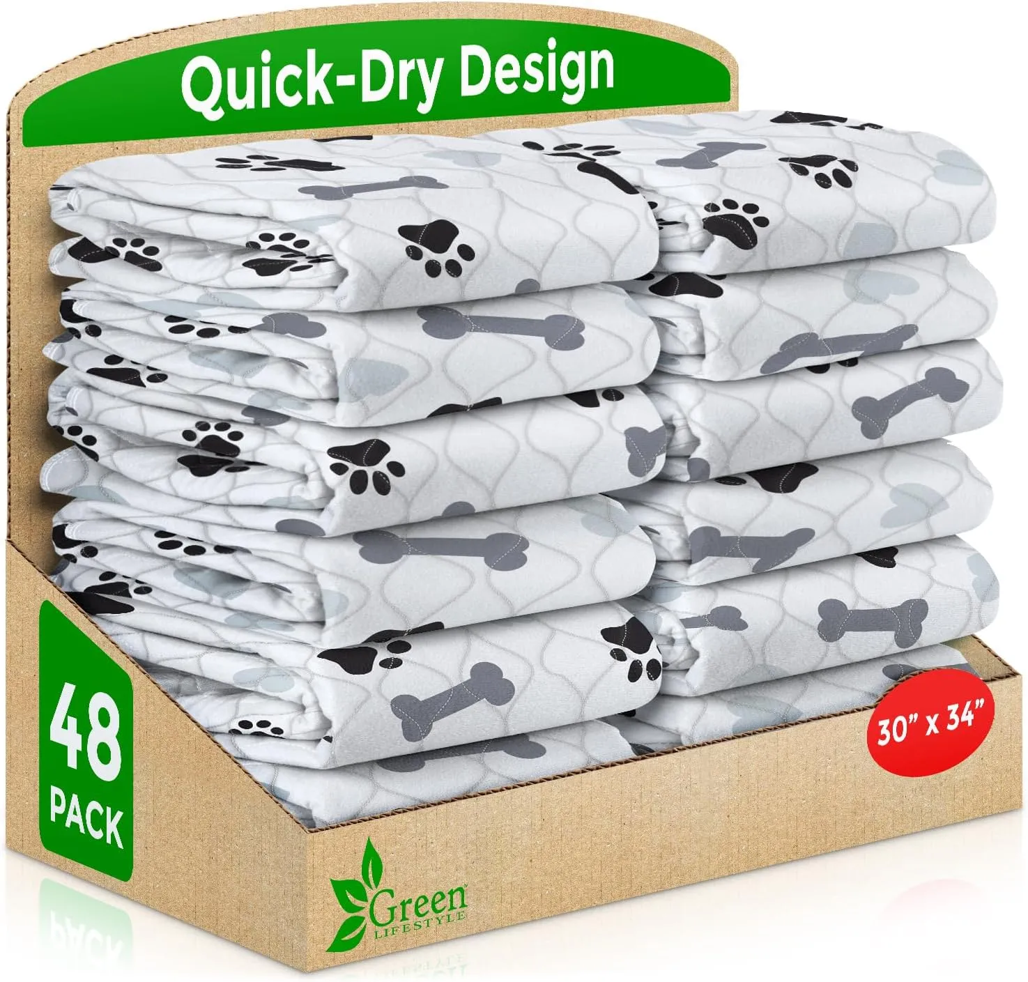 GREEN LIFESTYLE Washable Pee Pads for Dogs - Waterproof Reusable Puppy Pads with Anti-Slip Backing, Pet Training Pad for Puppy Playpen, Crate, Whelping Box, Potty Training (Pack of 6 - 30x34)