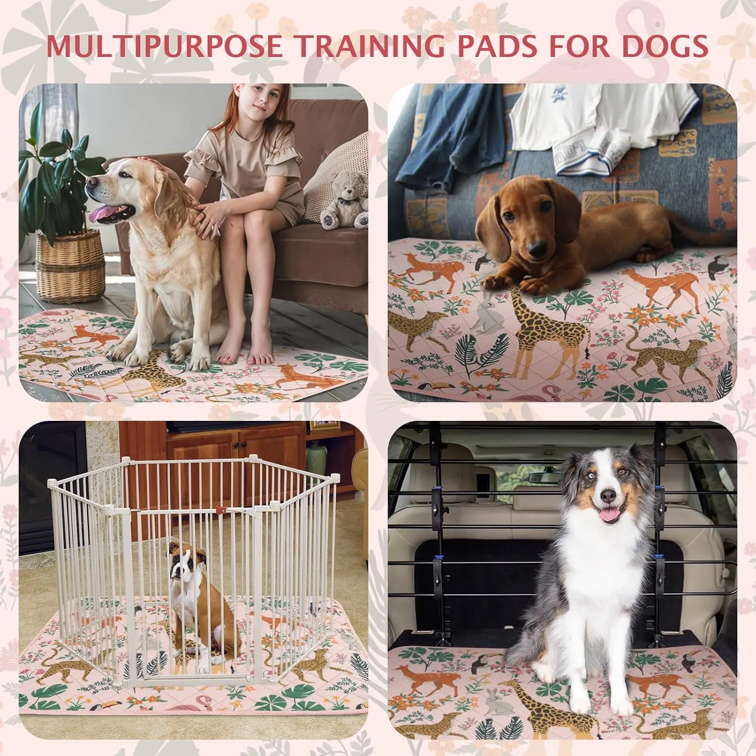 IEUUMLER Washable Pee Pads for Dogs, 2 Pack Forest Pattern Reusable Waterproof Puppy Pads, Non-Slip Super Absorbent Dog Training Pad for Playpen Crate Bed EU013 Pink Jungle, 41x36
