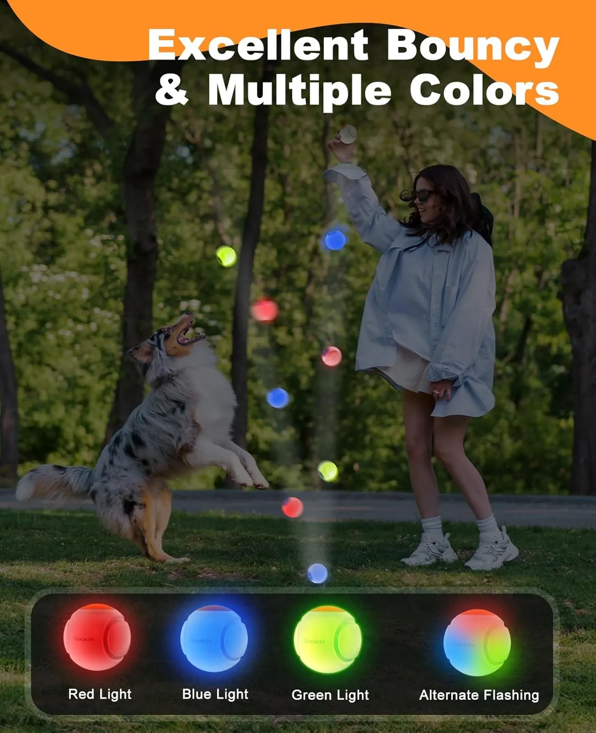 LED Dog Ball Rechargeable, Light Up Dog Ball Toys, Bounce-Activated Durable Fetch Ball, Natural Rubber, Unique Scent, 2.5 inches, for Small & Medium Dogs (Orange)